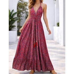 NWT 70% Silk 30% Polyester Red Maxi Dress Boho Halter